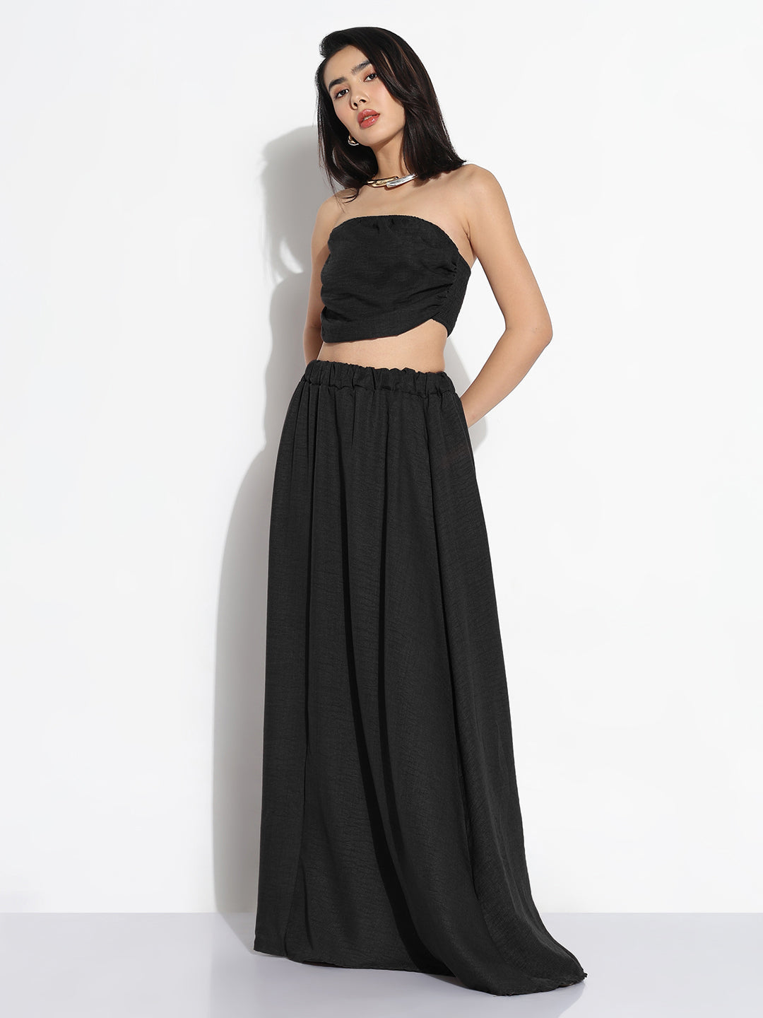 Women Black Solid Co-ords Skirt & Top Set