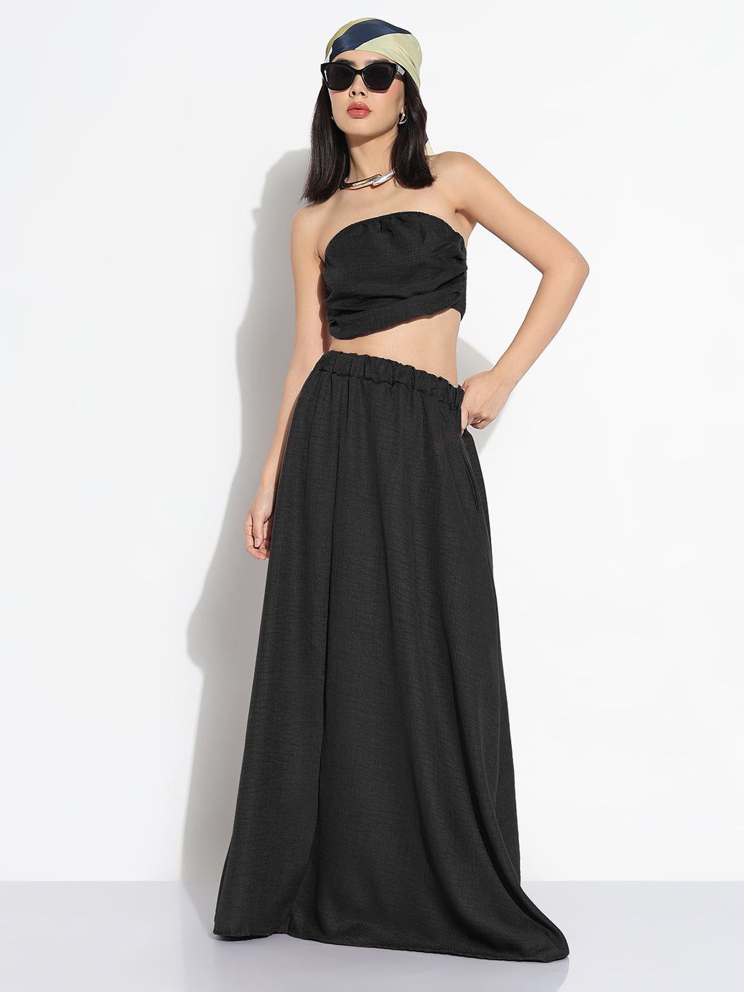 Women Black Solid Co-ords Skirt & Top Set