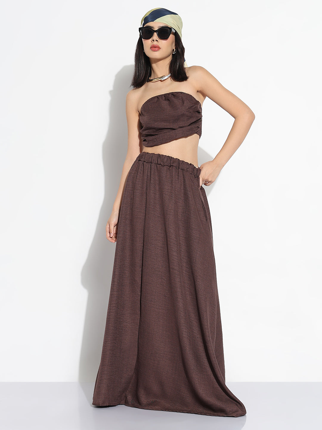 Women Brown Solid Top with Skirt Co-ords Set