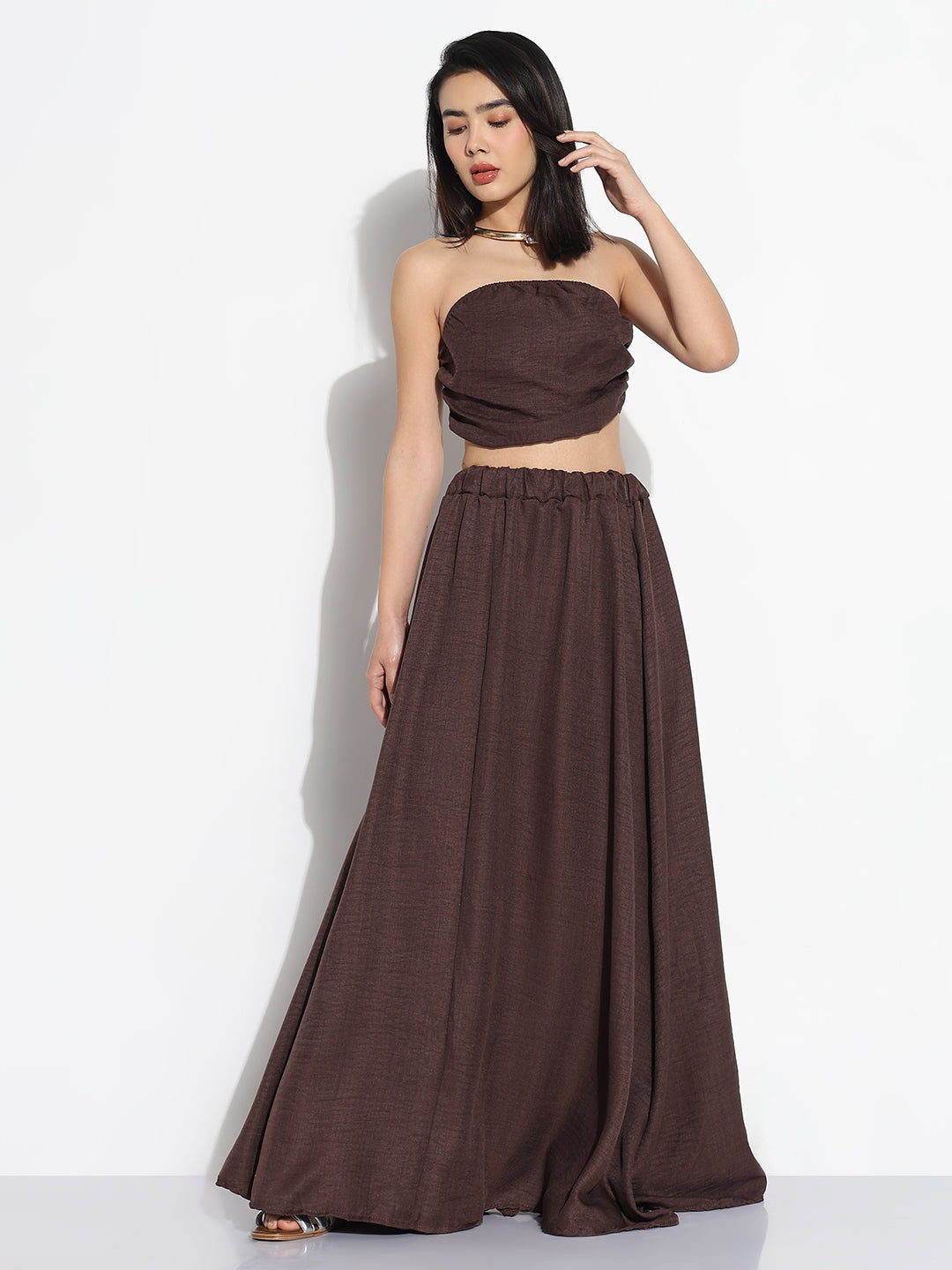 Women Brown Solid Top with Skirt Co-ords Set