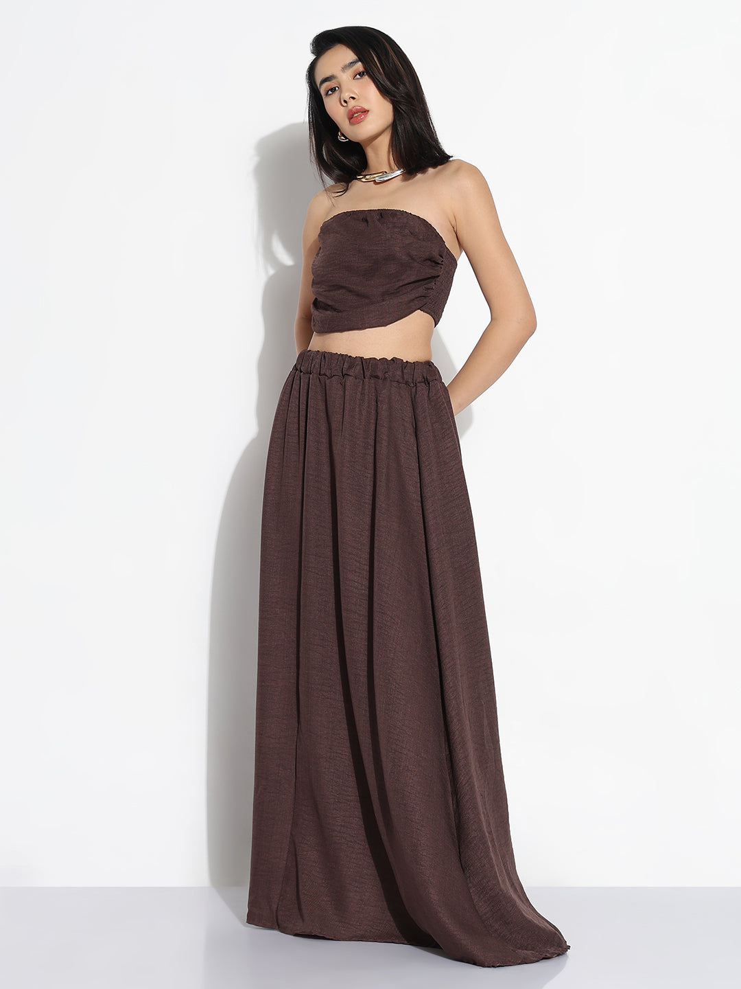 Women Brown Solid Top with Skirt Co-ords Set