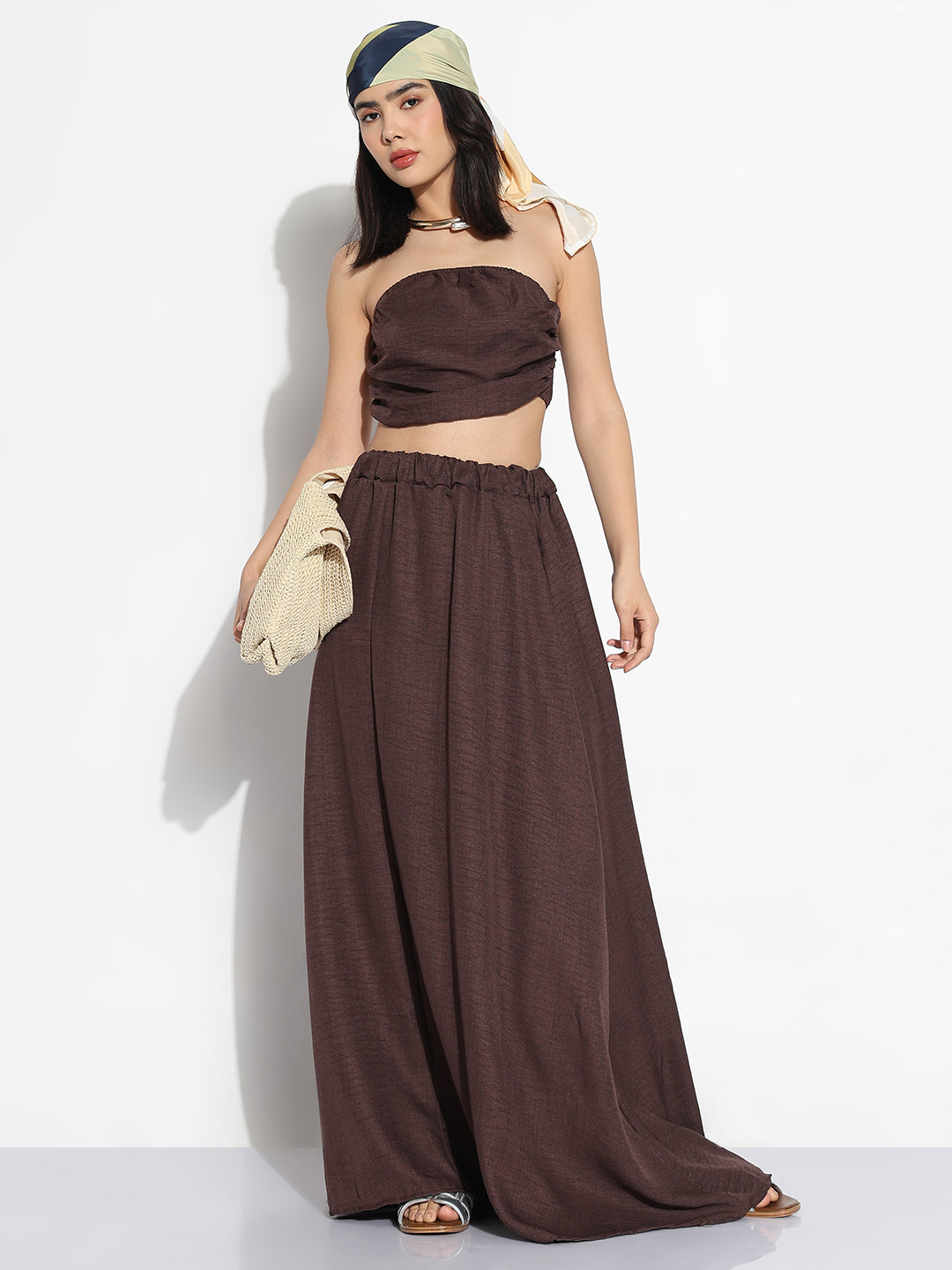 Women Brown Solid Top with Skirt Co-ords Set