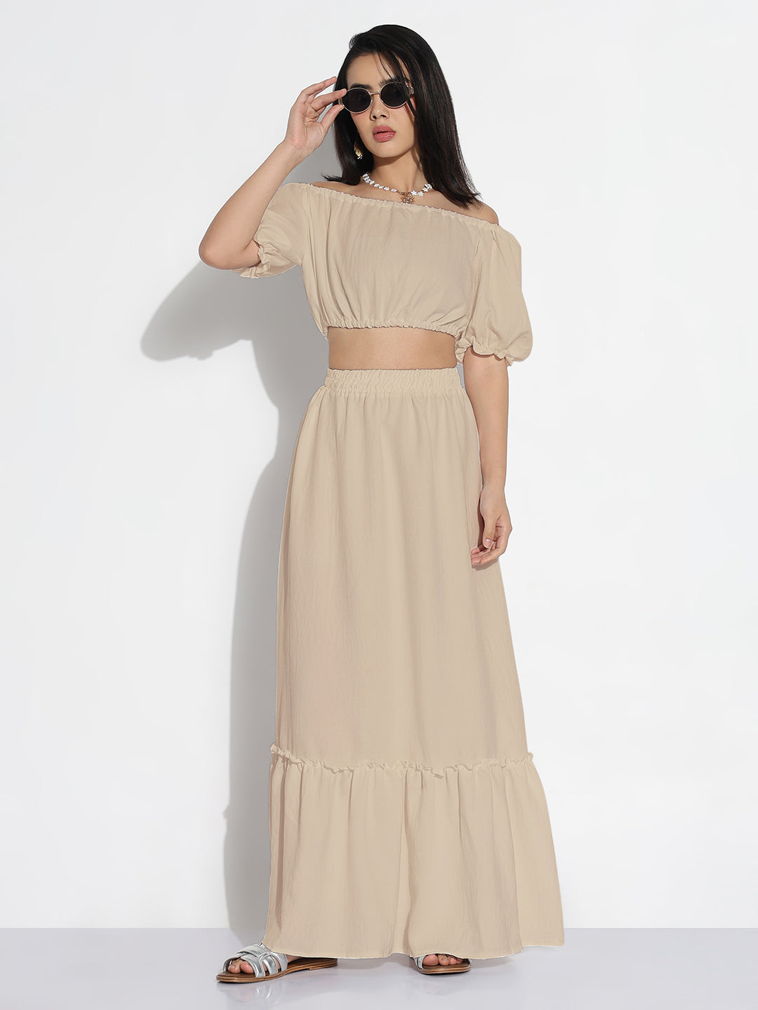 Women Beige Solid Co-ords Skirt & Top Set