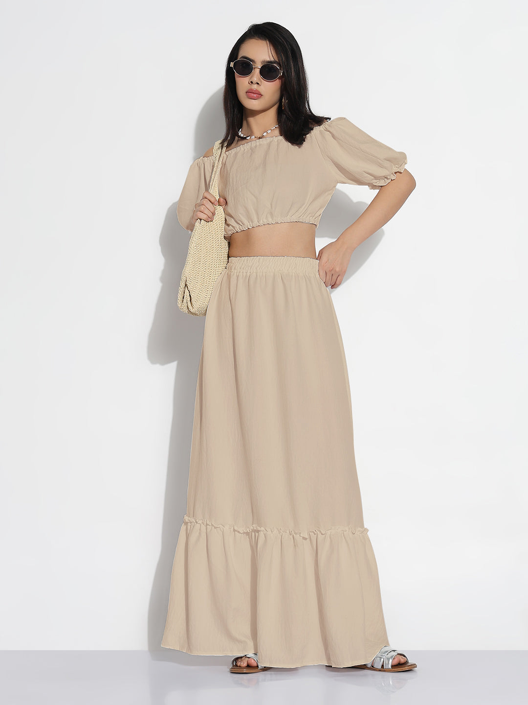 Women Beige Solid Co-ords Skirt & Top Set