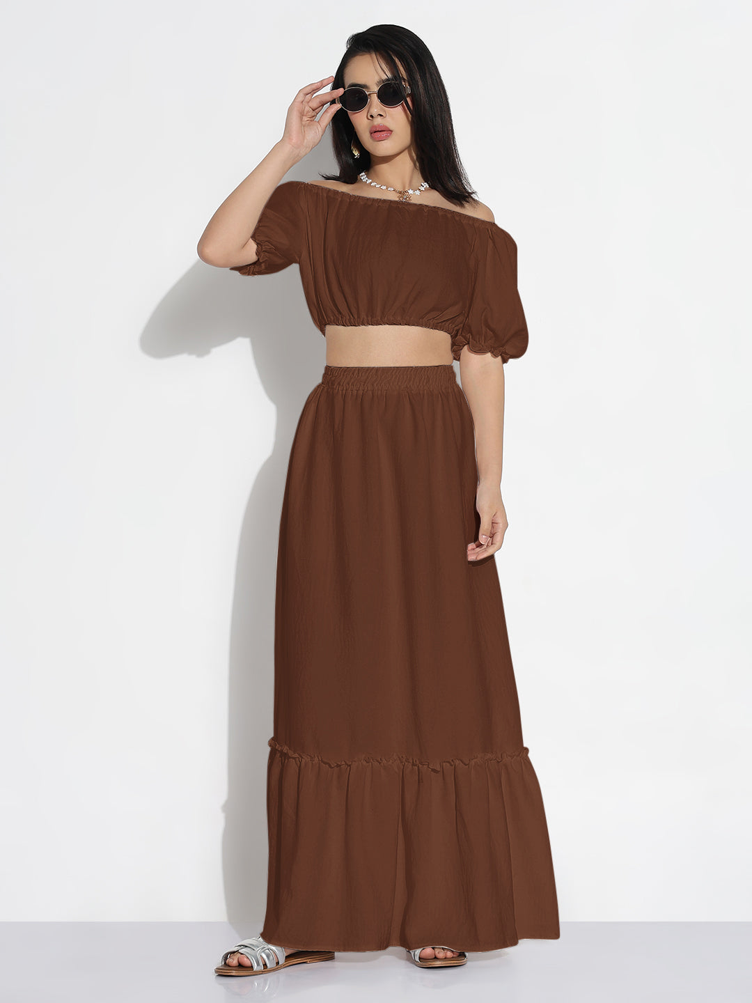 Women Brown Solid Co-ords Skirt & Top Set