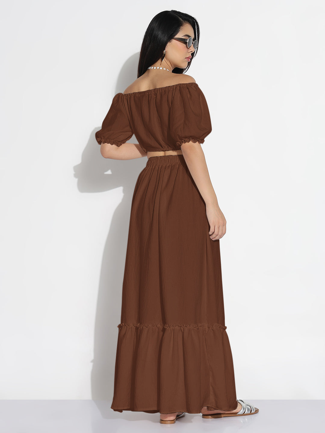 Women Brown Solid Co-ords Skirt & Top Set