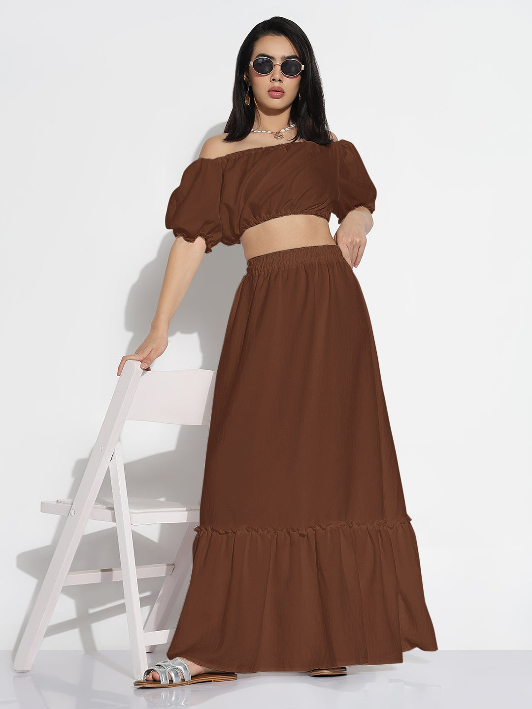 Women Brown Solid Co-ords Skirt & Top Set