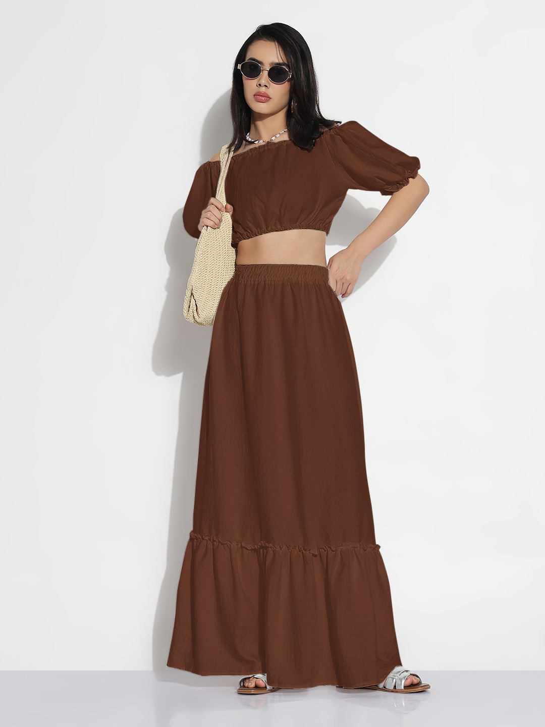 Women Brown Solid Co-ords Skirt & Top Set