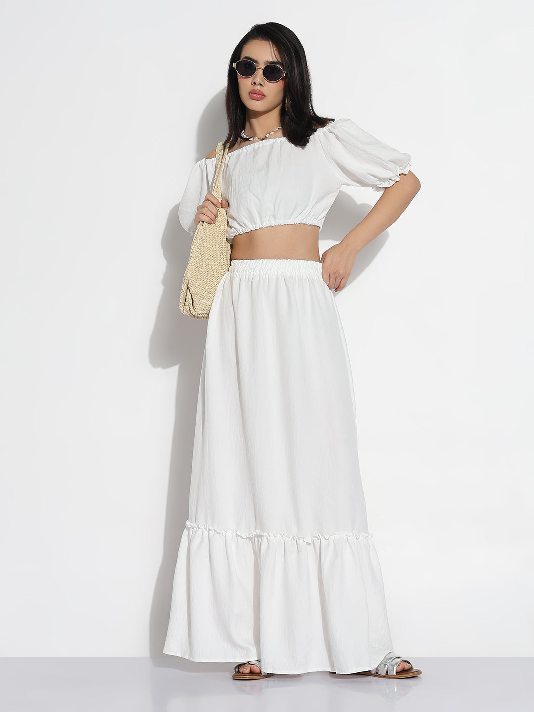 Women White Solid Top with Skirt Co-ords Set