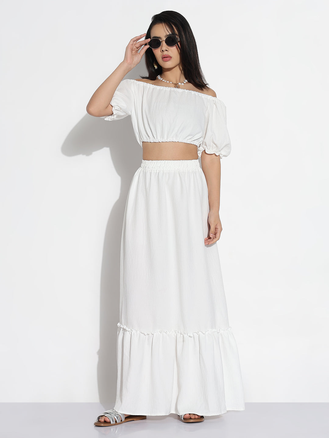 Women White Solid Top with Skirt Co-ords Set