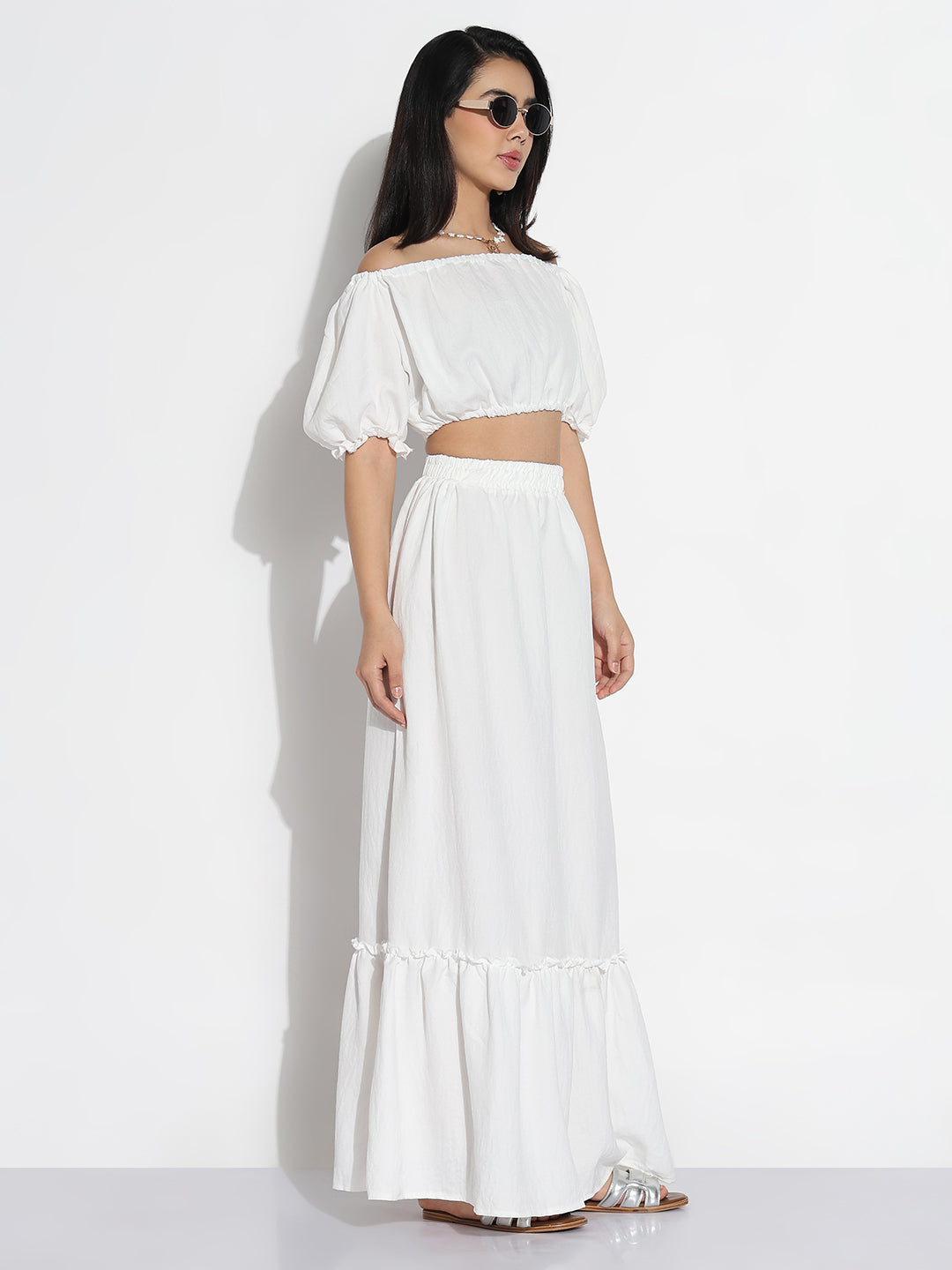 Women White Solid Top with Skirt Co-ords Set