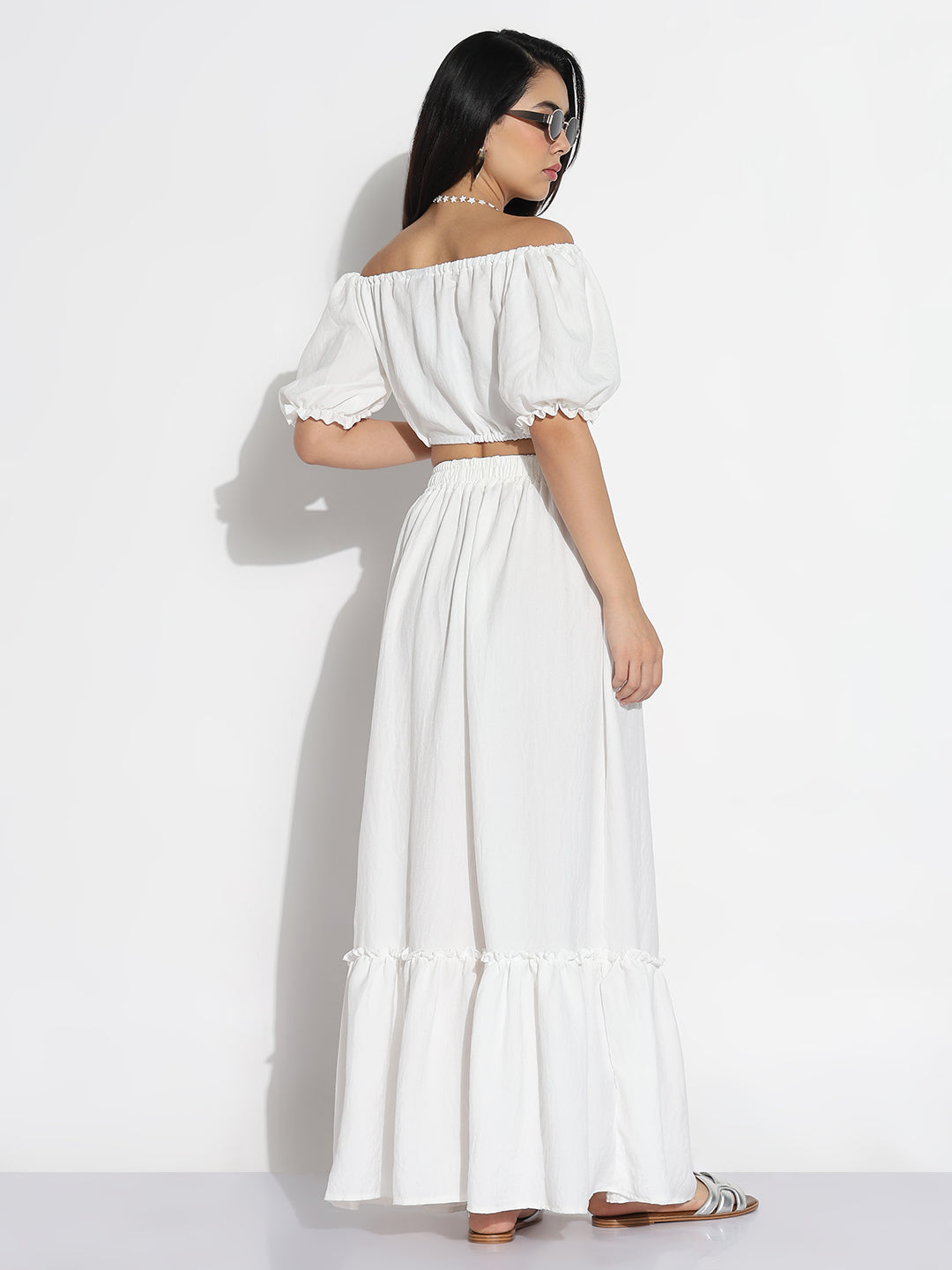 Women White Solid Top with Skirt Co-ords Set