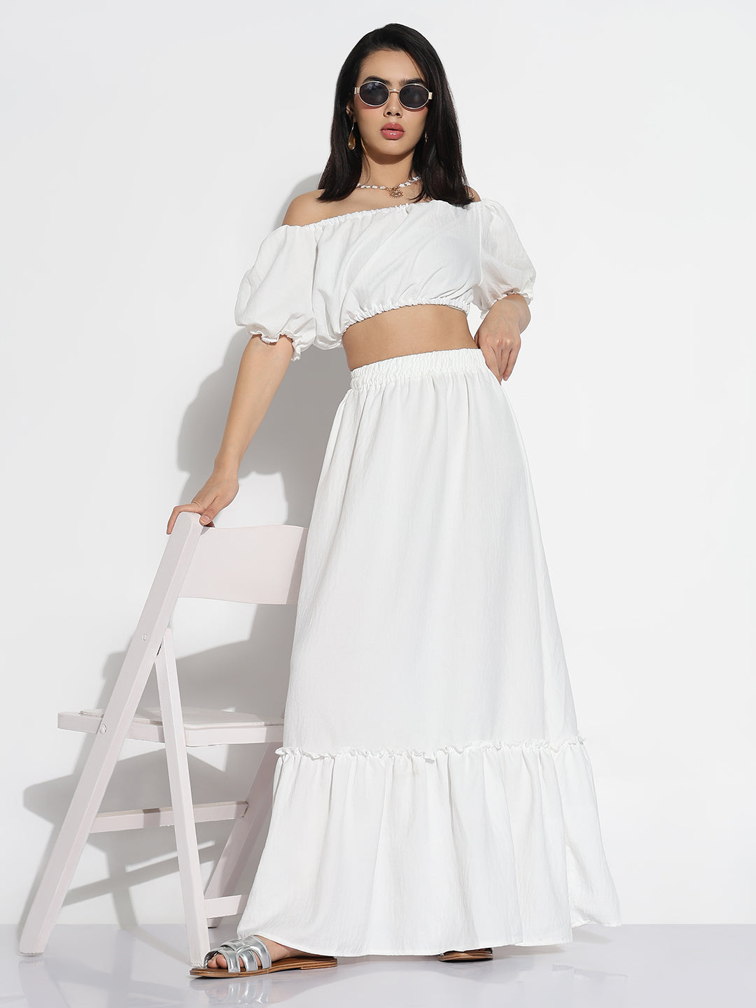 Women White Solid Top with Skirt Co-ords Set