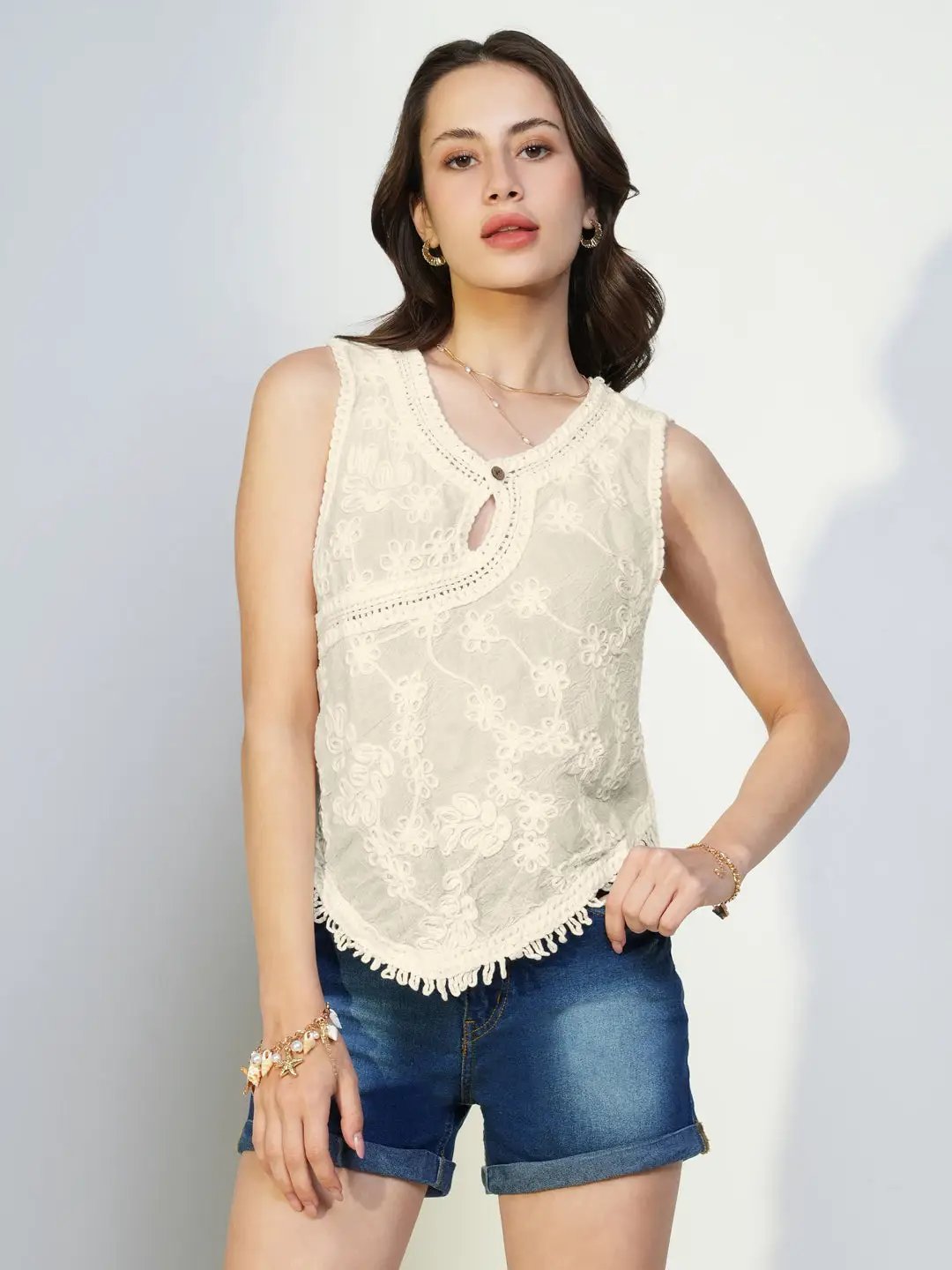 Women's Cream Embroidered Cut Out Cotton Top - from SHOWOFFFF