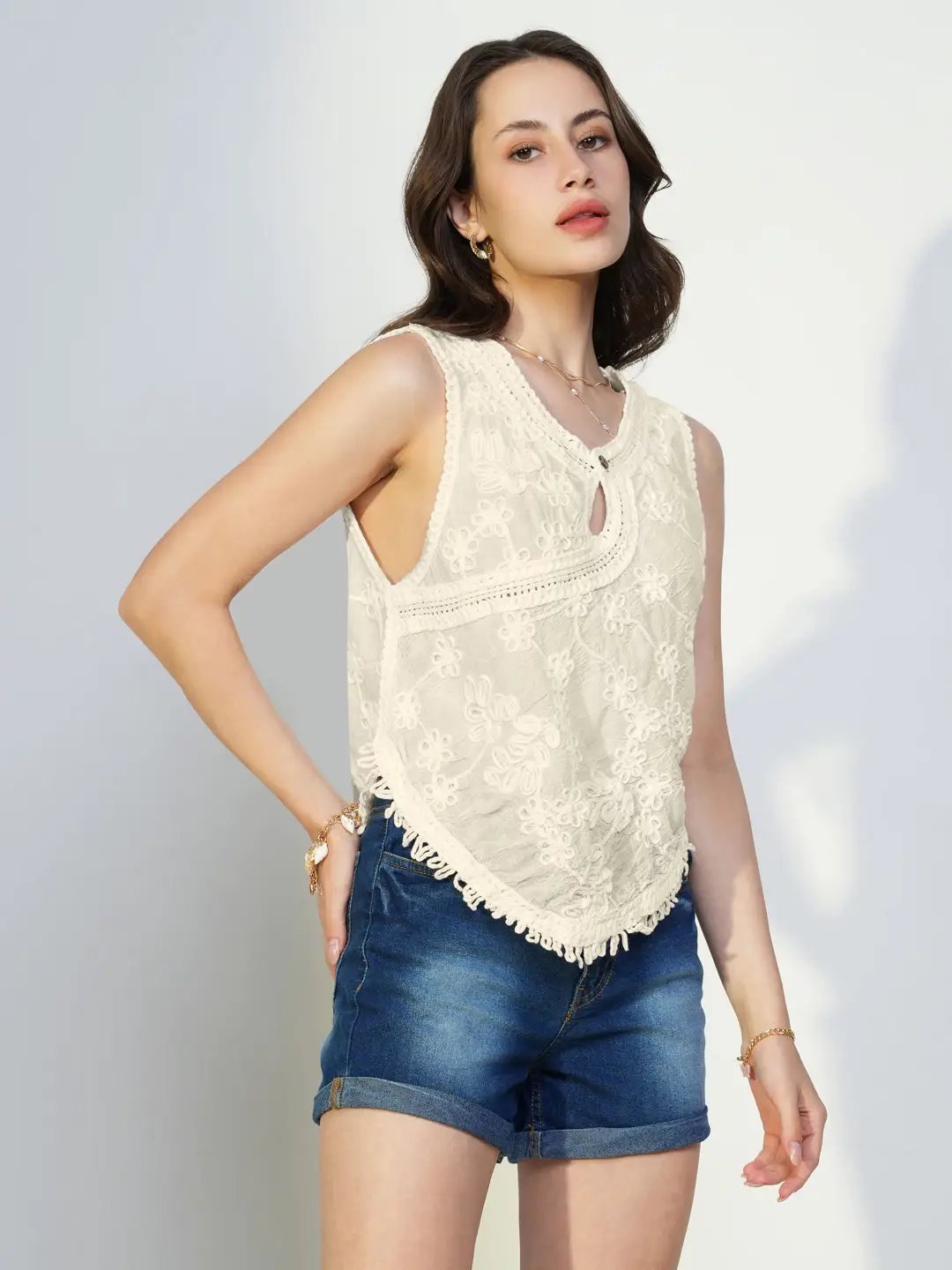 Women's Cream Embroidered Cut Out Cotton Top - from SHOWOFFFF