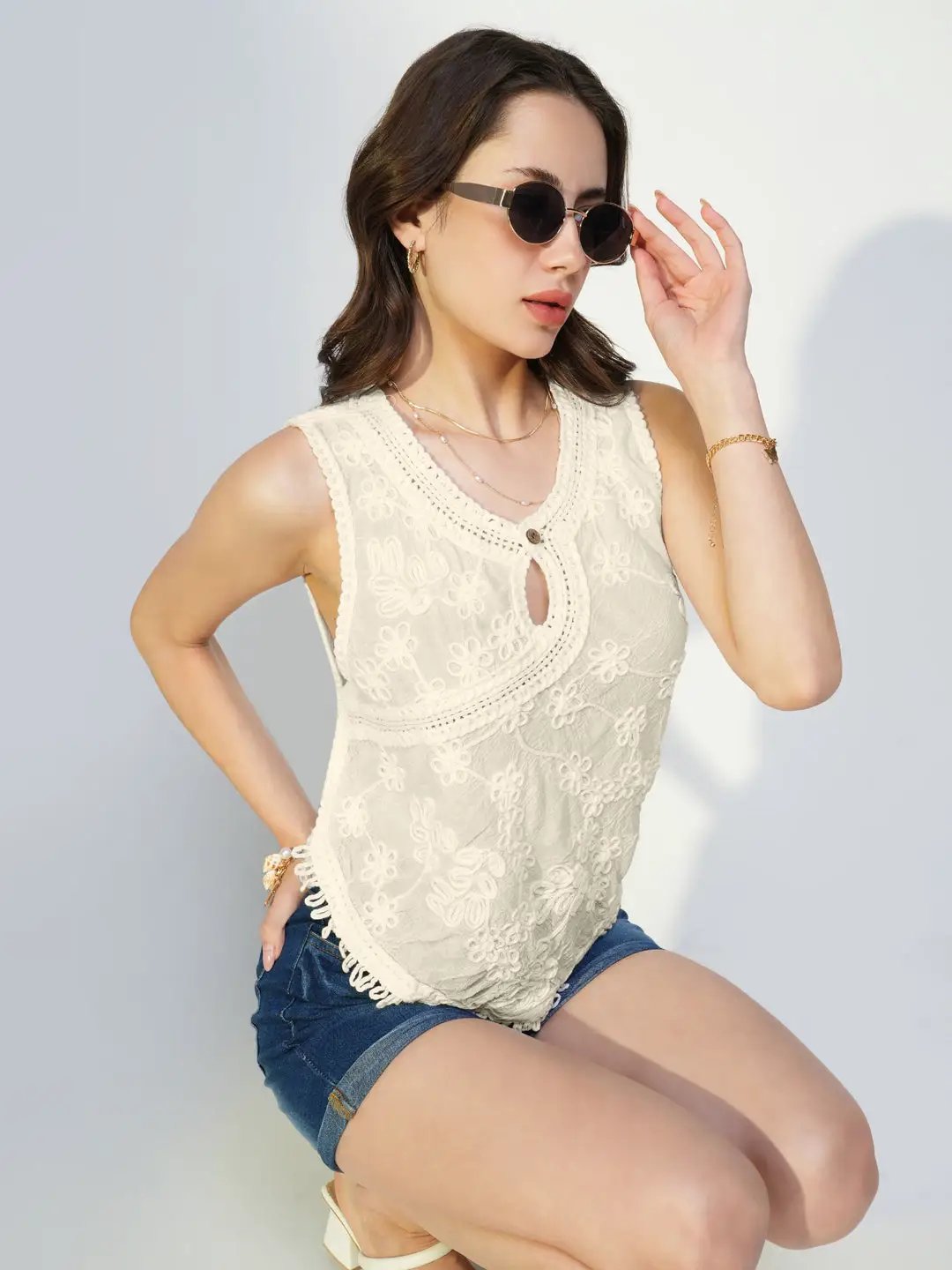 Women's Cream Embroidered Cut Out Cotton Top - from SHOWOFFFF