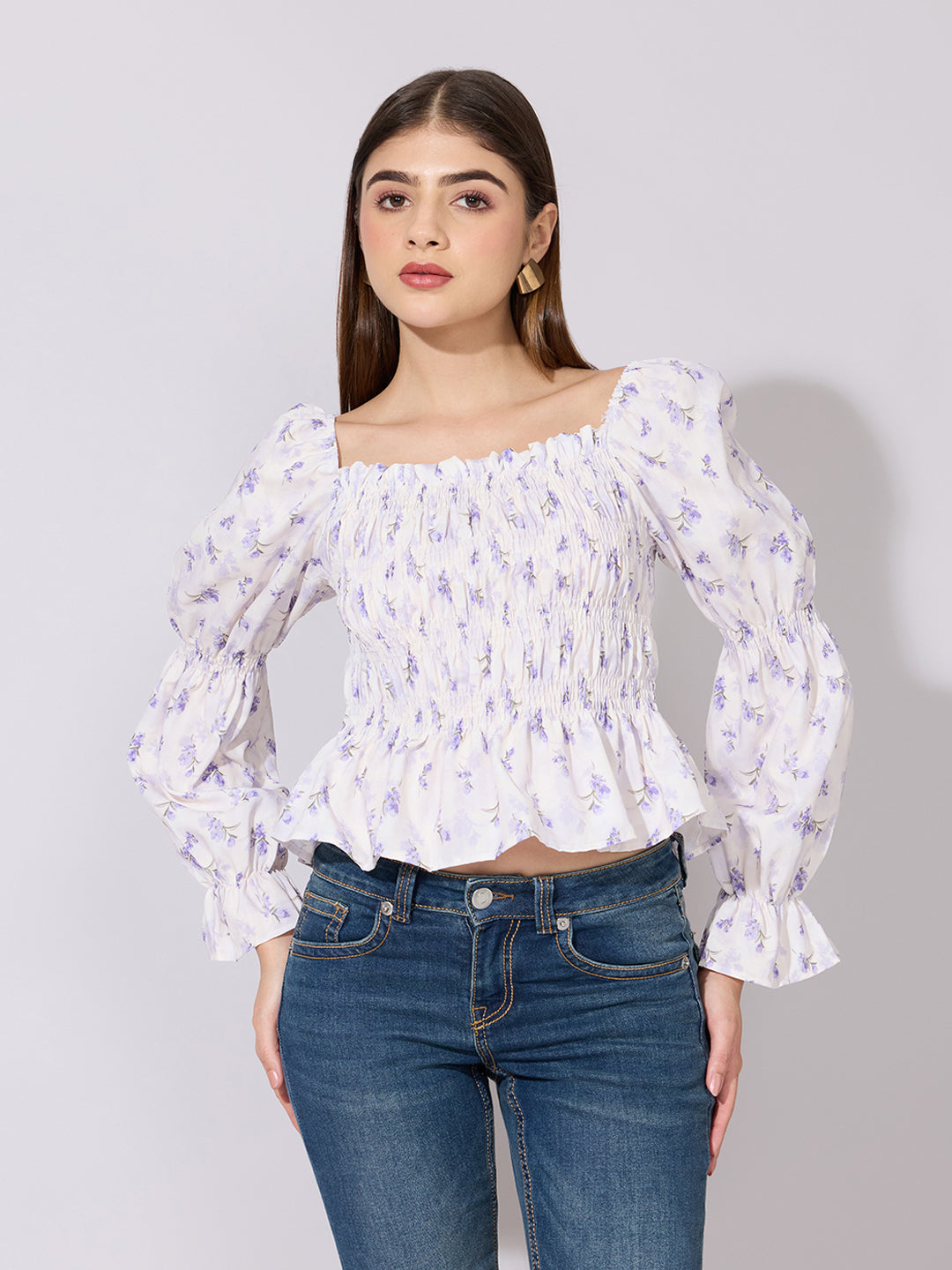 Women's Floral Print Purple Smocked Top with Ruffle Hem