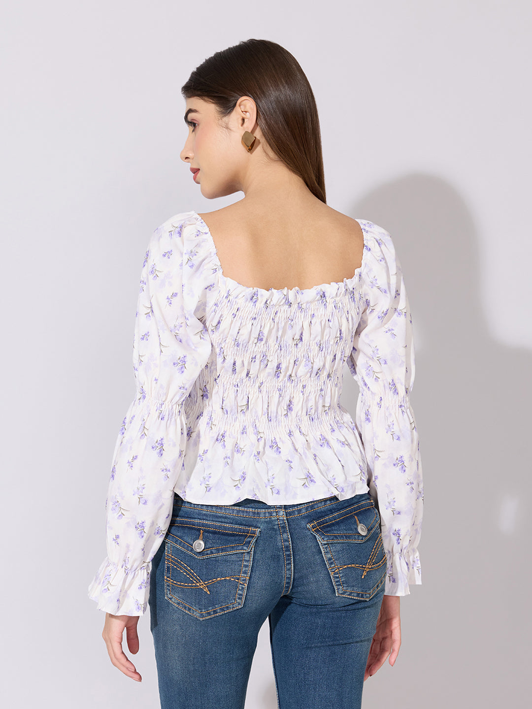 Women's Floral Print Purple Smocked Top with Ruffle Hem