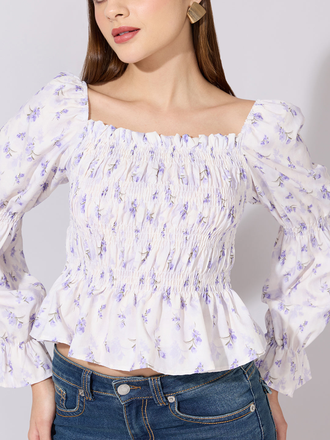 Women's Floral Print Purple Smocked Top with Ruffle Hem