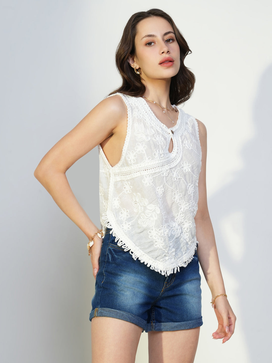 Women White Embroidered Top