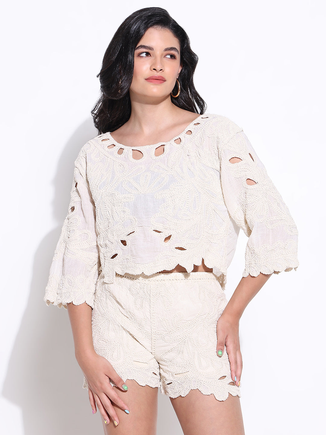 Women Embroidered Cream Co Ords Set