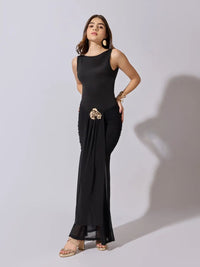 Women's Ruched Black Maxi Dress with Sheer Mesh Hem