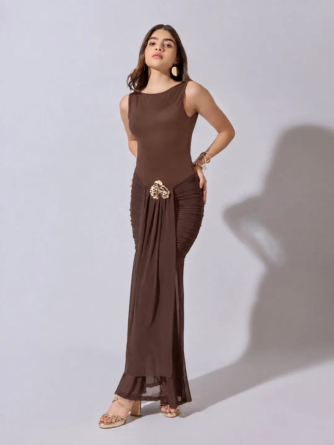 Women's Ruched Brown Maxi Dress with Sheer Mesh Hem