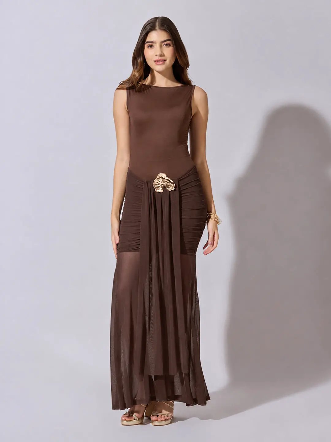 Women's Ruched Brown Maxi Dress with Sheer Mesh Hem