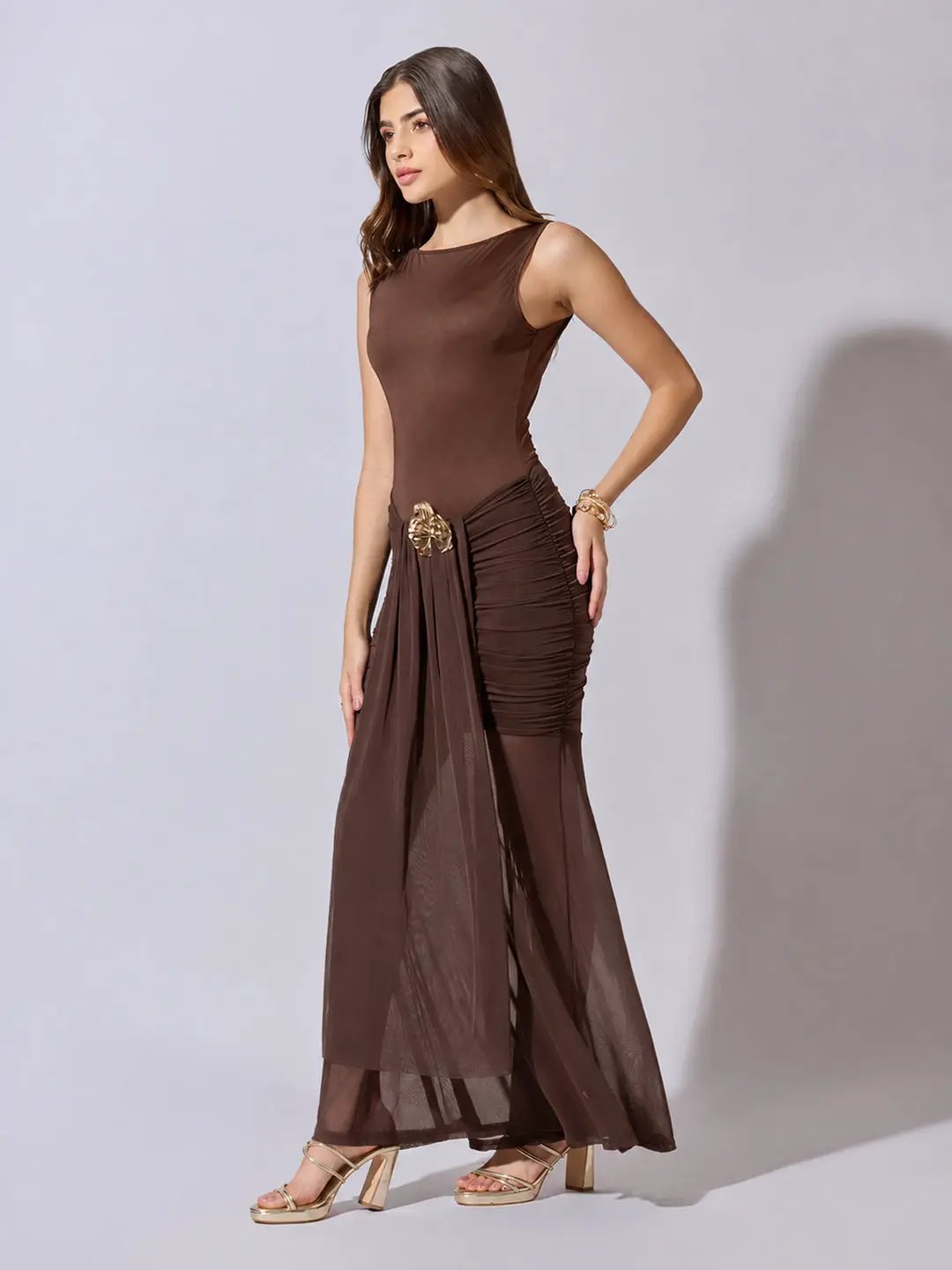 Women's Ruched Brown Maxi Dress with Sheer Mesh Hem