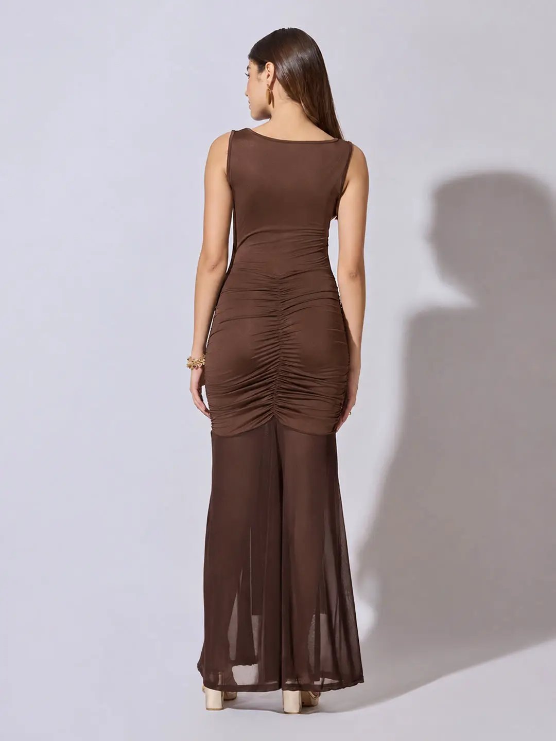 Women's Ruched Brown Maxi Dress with Sheer Mesh Hem