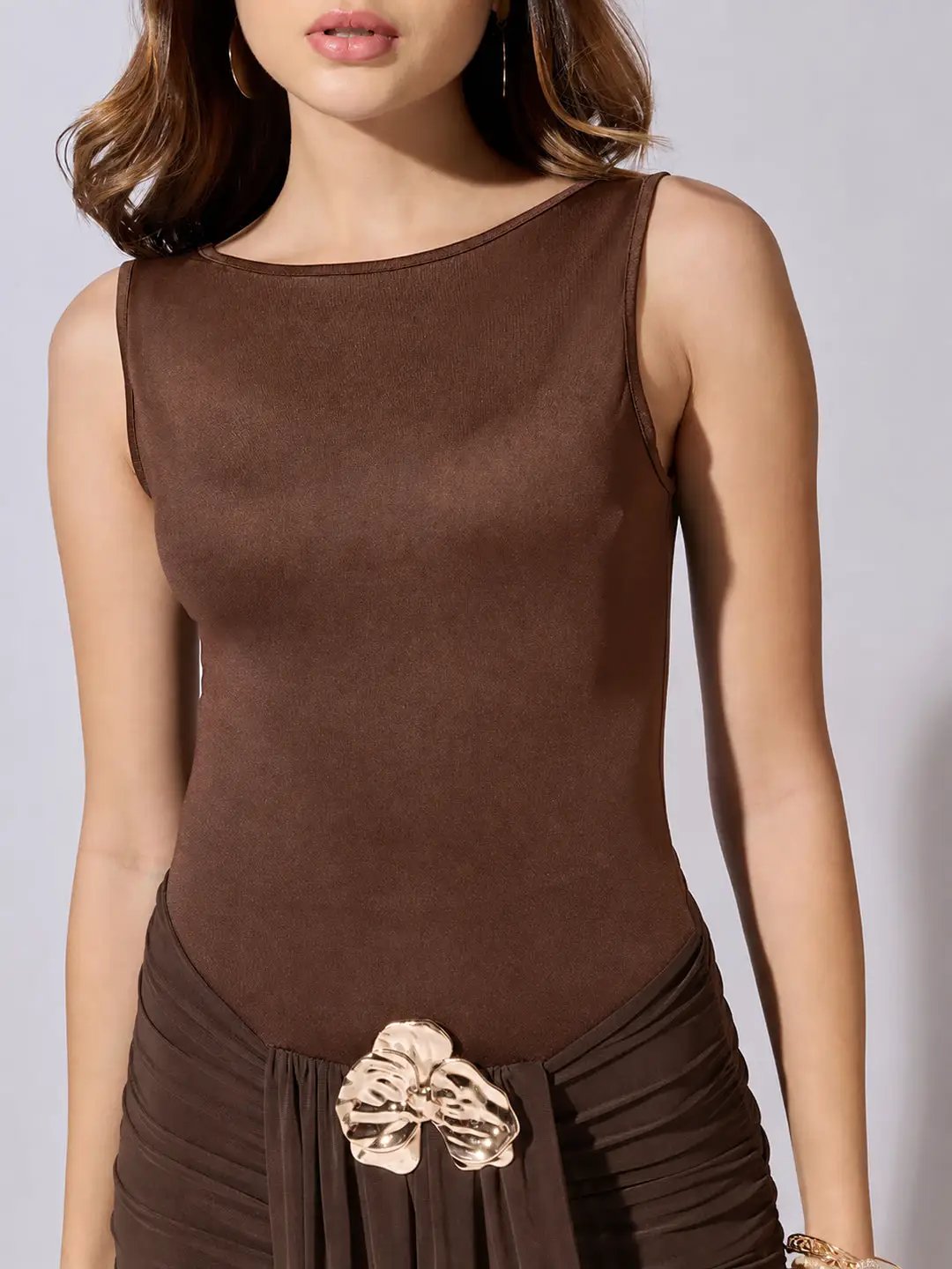 Women's Ruched Brown Maxi Dress with Sheer Mesh Hem