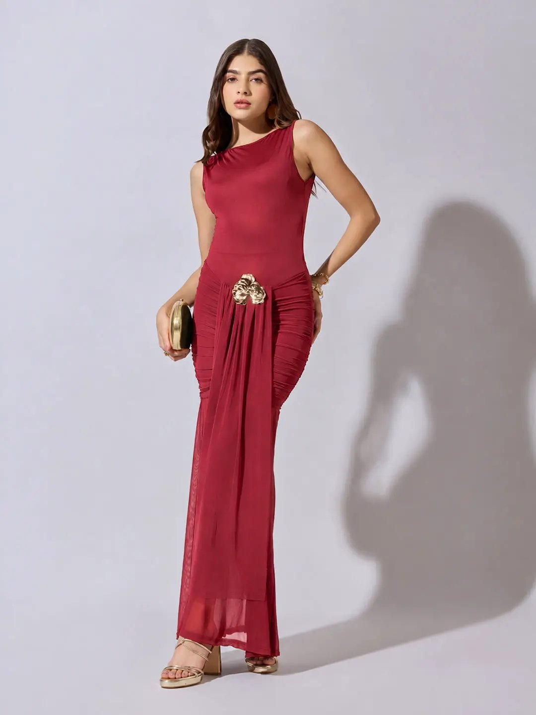 Women's Ruched Maroon Maxi Dress with Sheer Mesh Hem