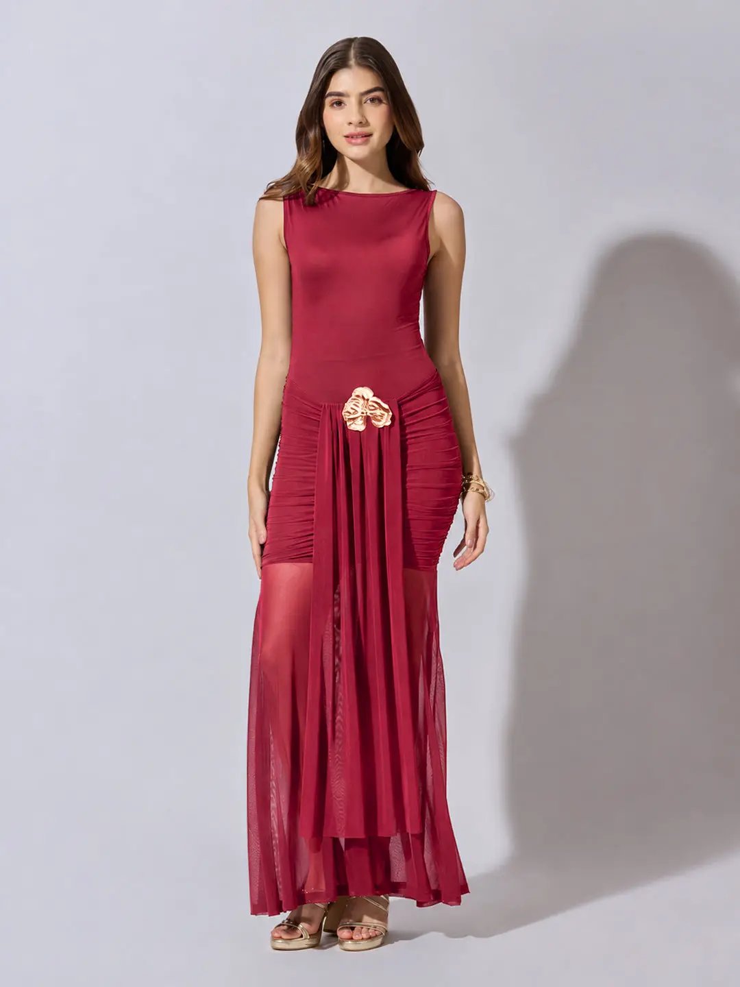 Women's Ruched Maroon Maxi Dress with Sheer Mesh Hem