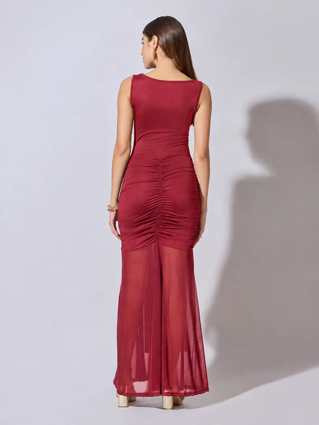 Women's Ruched Maroon Maxi Dress with Sheer Mesh Hem