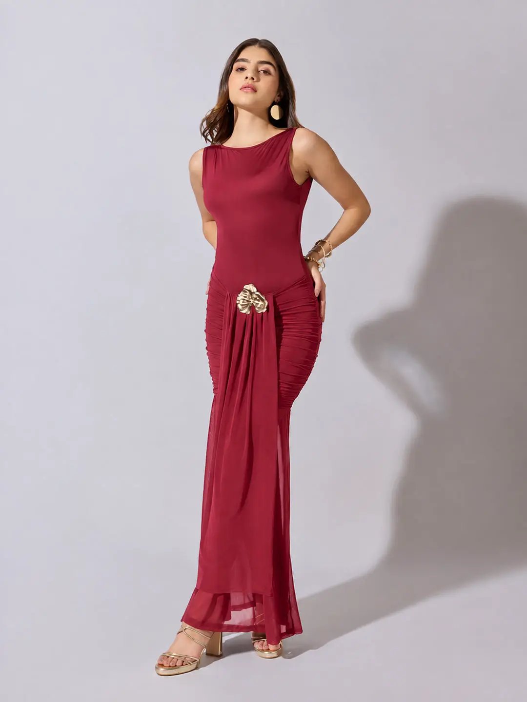 Women's Ruched Maroon Maxi Dress with Sheer Mesh Hem