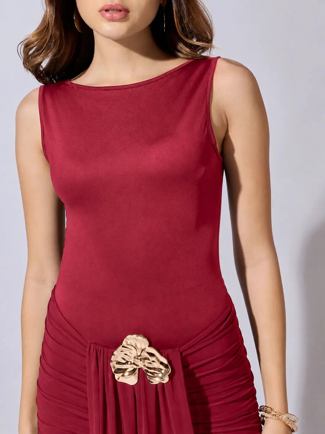 Women's Ruched Maroon Maxi Dress with Sheer Mesh Hem