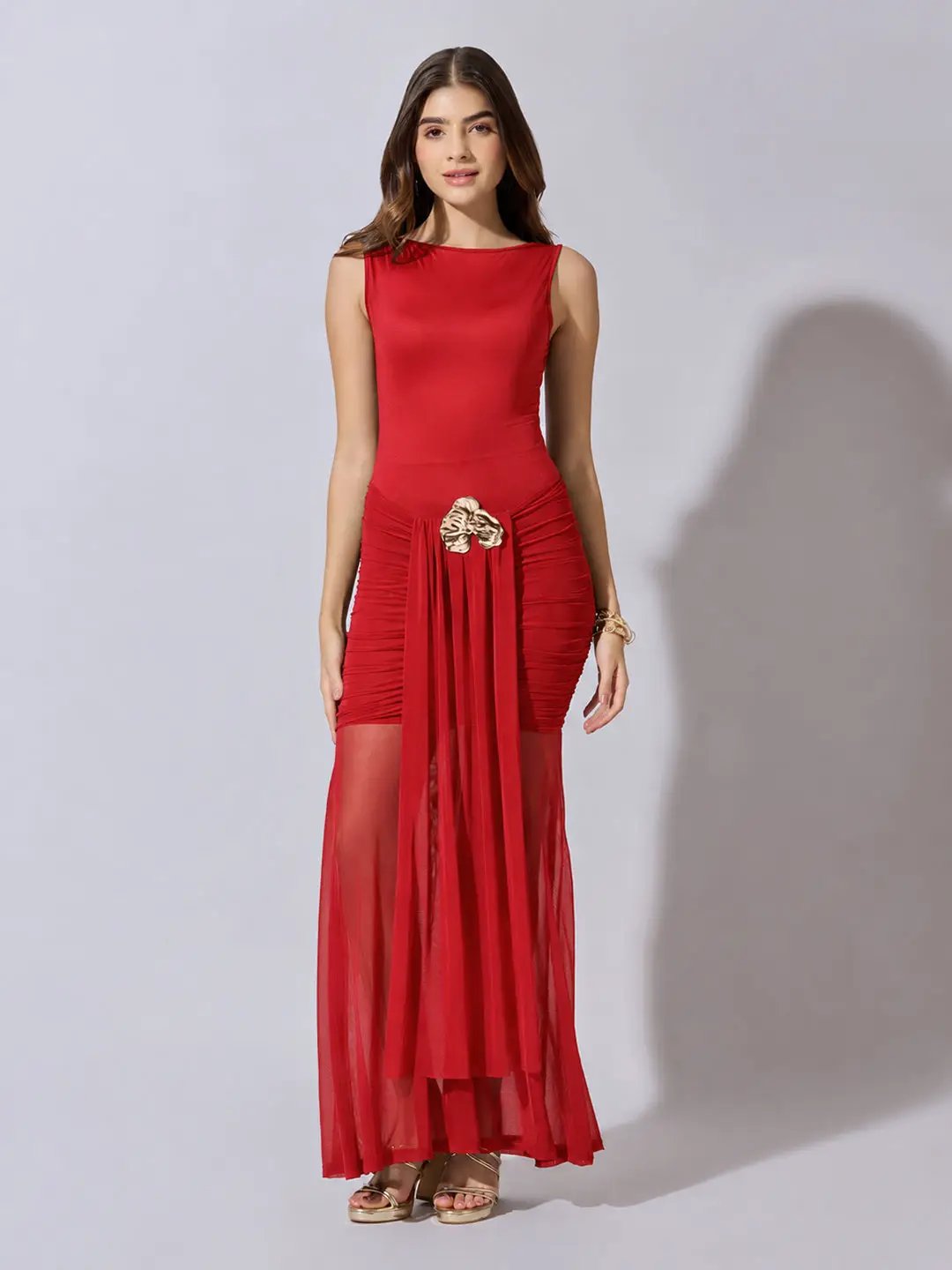 Women's Ruched Red Maxi Dress with Sheer Mesh Hem