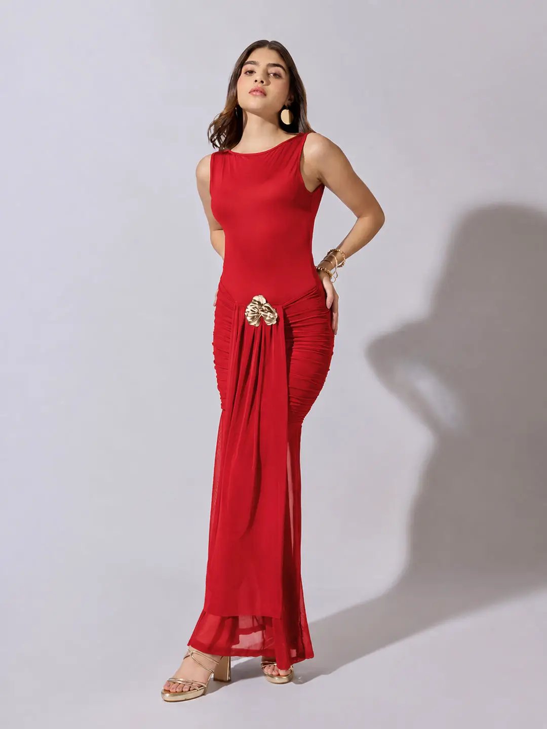 Women's Ruched Red Maxi Dress with Sheer Mesh Hem