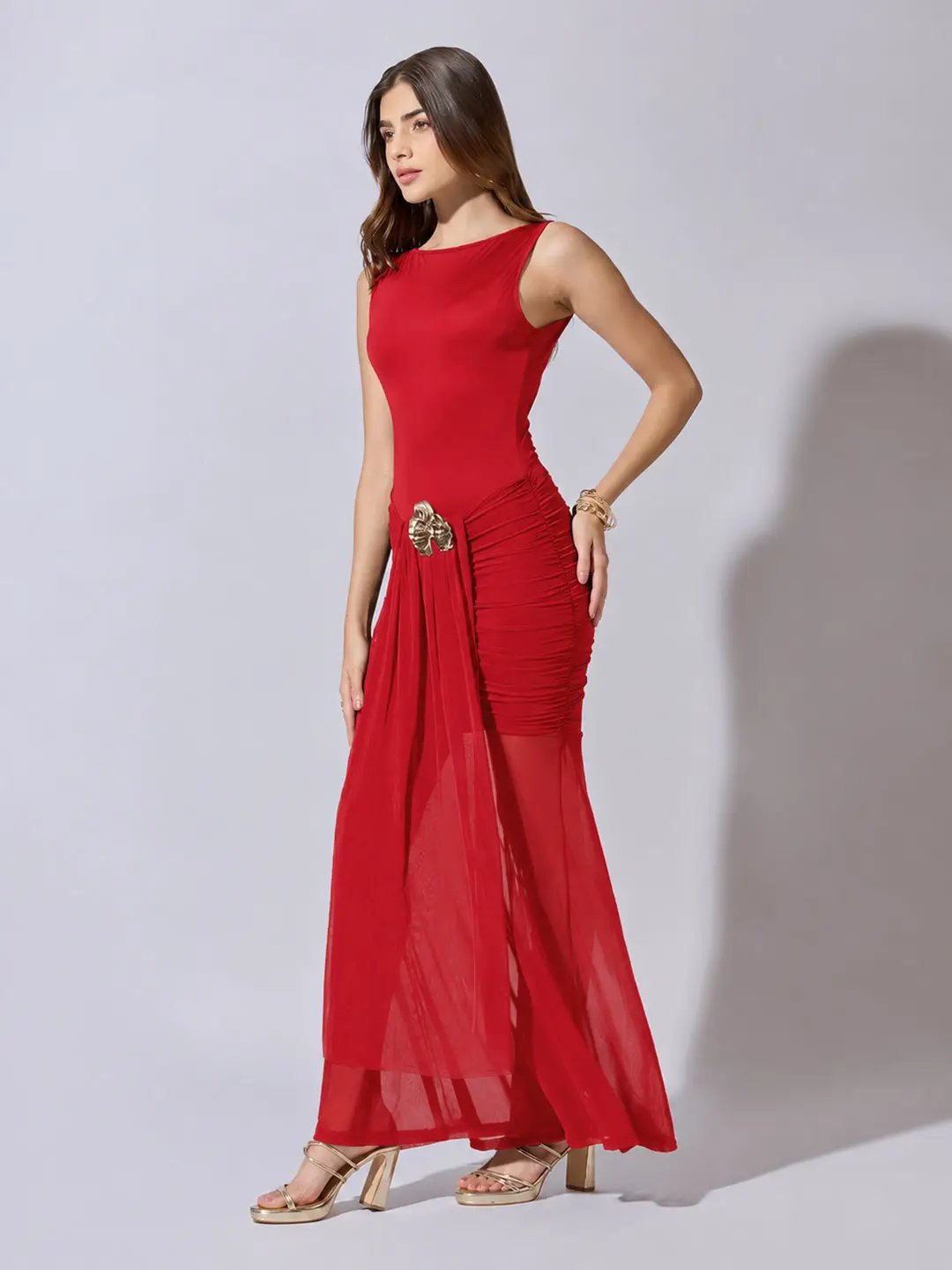 Women's Ruched Red Maxi Dress with Sheer Mesh Hem