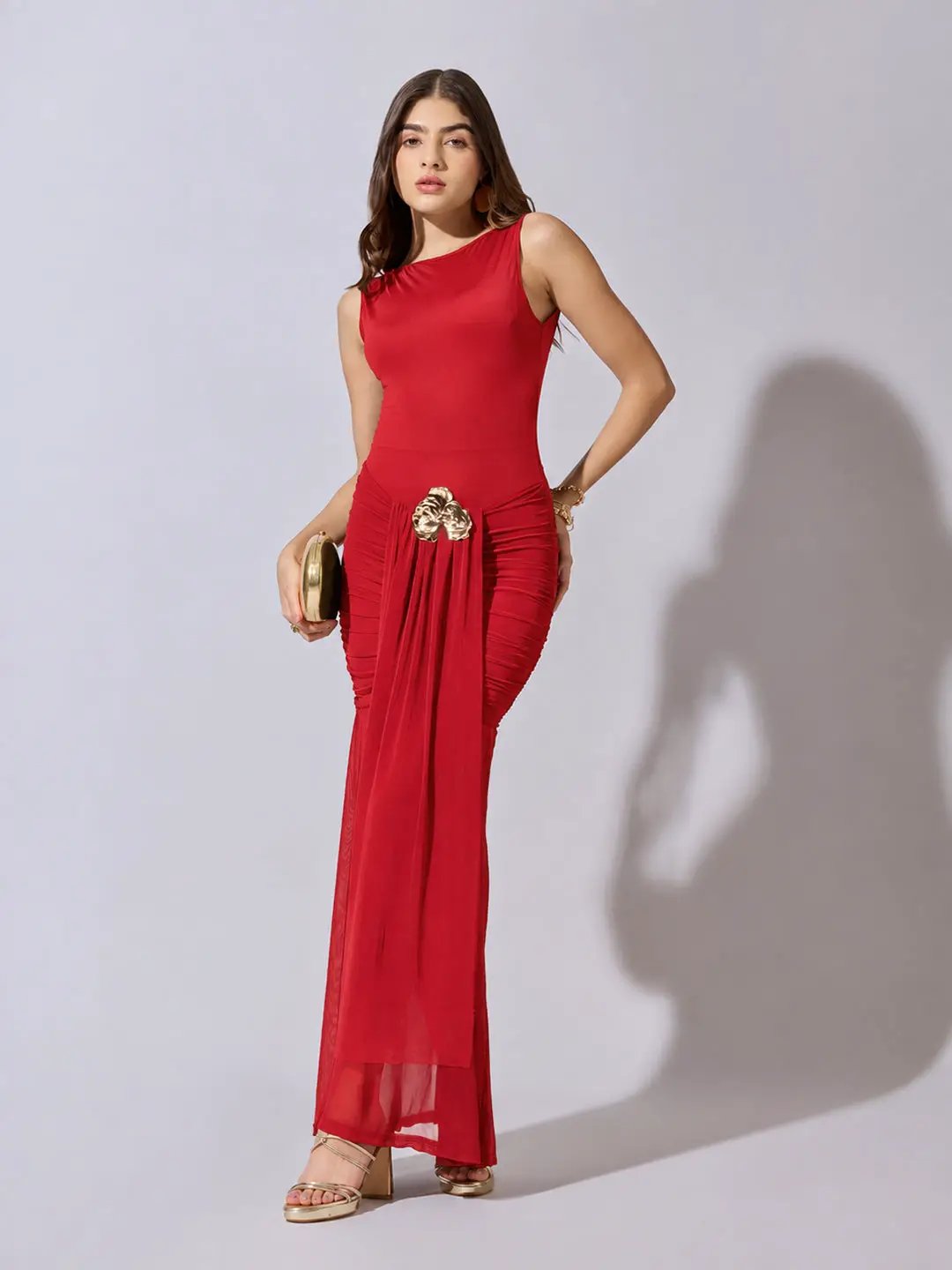 Women's Ruched Red Maxi Dress with Sheer Mesh Hem