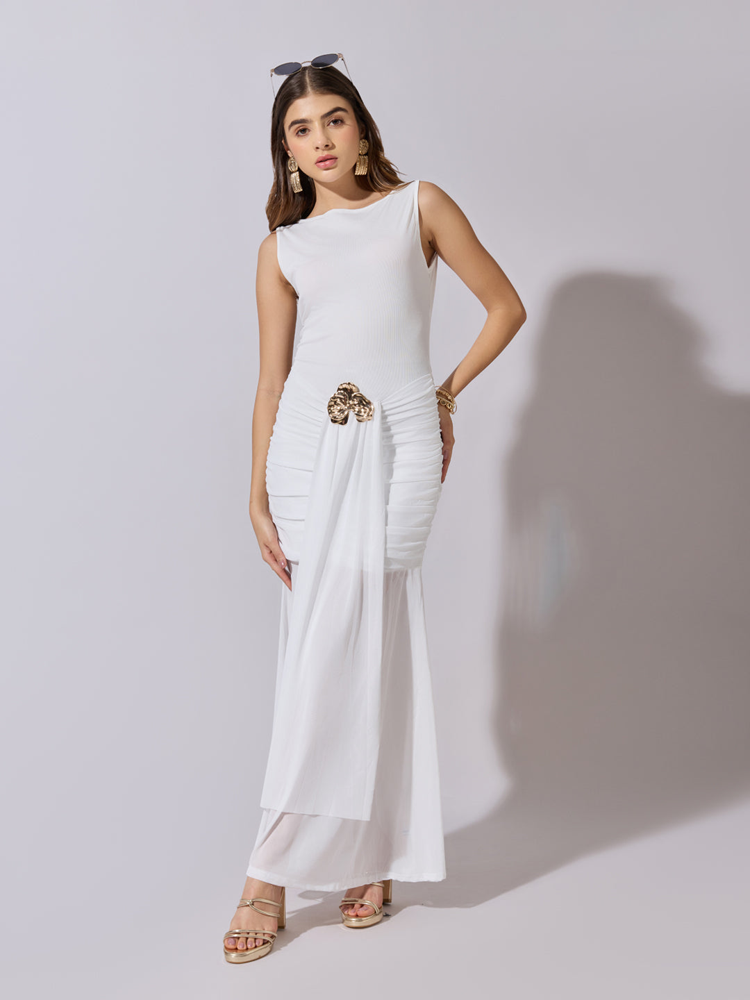 Women's Ruched White Maxi Dress with Sheer Mesh Hem