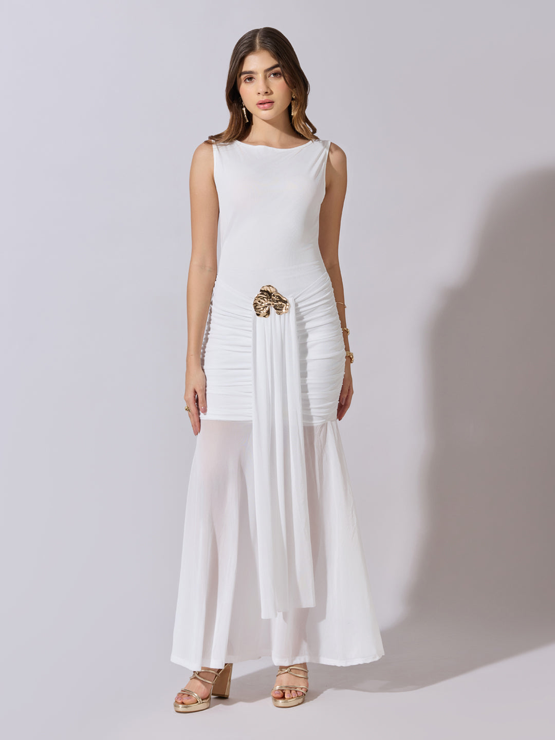 Women's Ruched White Maxi Dress with Sheer Mesh Hem
