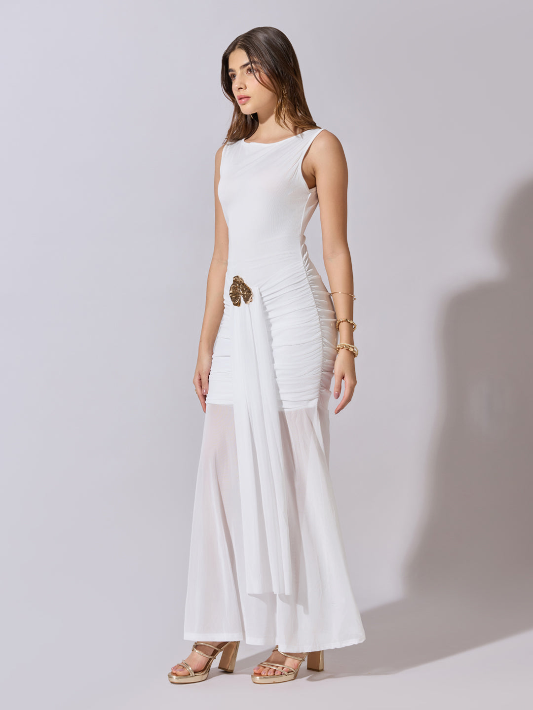 Women's Ruched White Maxi Dress with Sheer Mesh Hem
