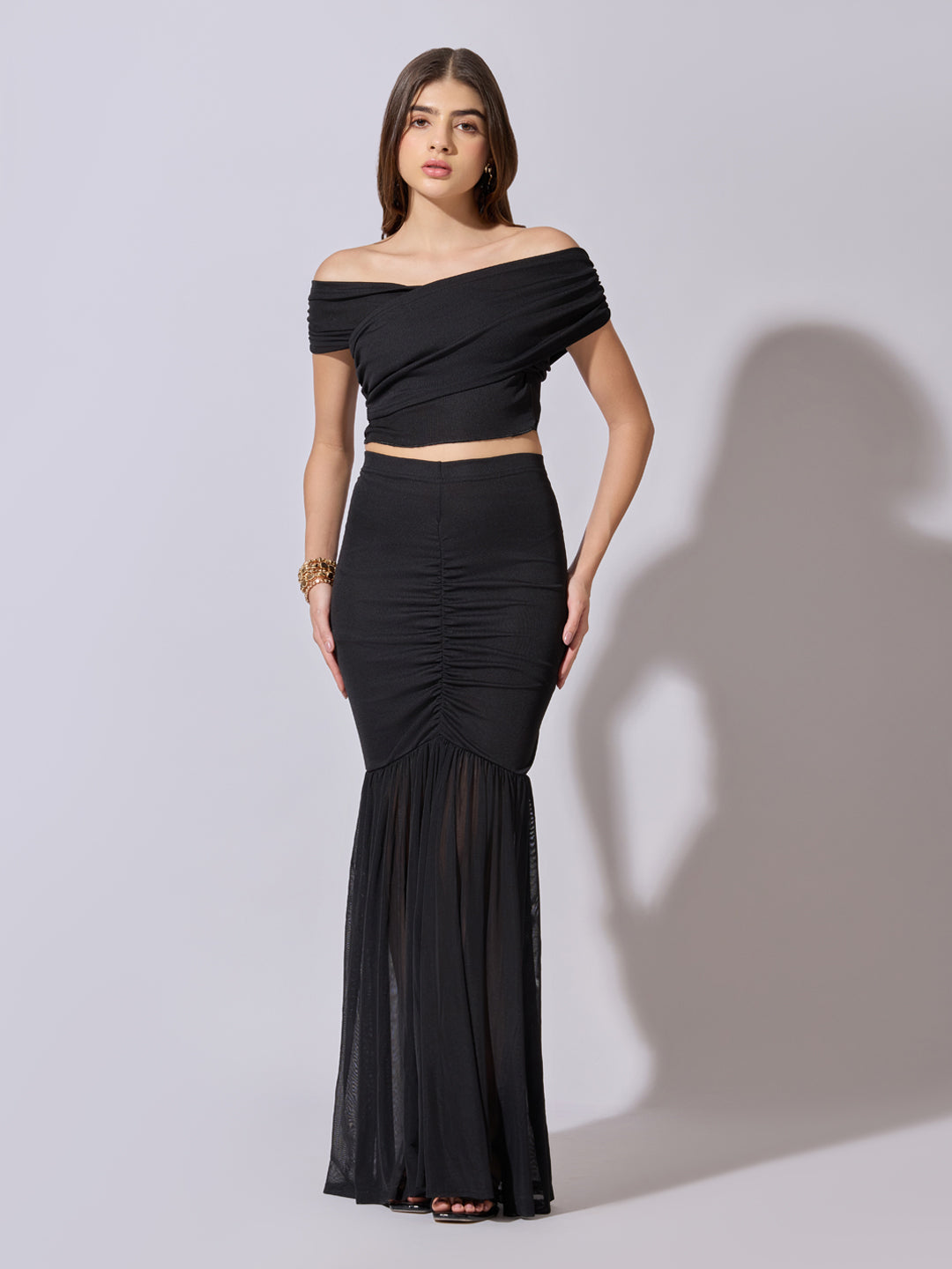 Women's Black Off-Shoulder Crop Top with Ruched Skirt Co-Ord Set