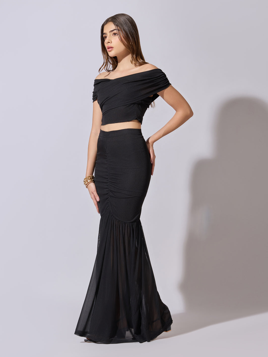 Women's Black Off-Shoulder Crop Top with Ruched Skirt Co-Ord Set