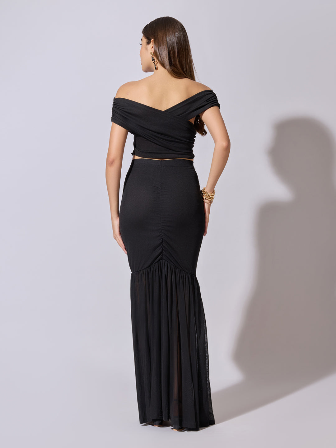 Women's Black Off-Shoulder Crop Top with Ruched Skirt Co-Ord Set