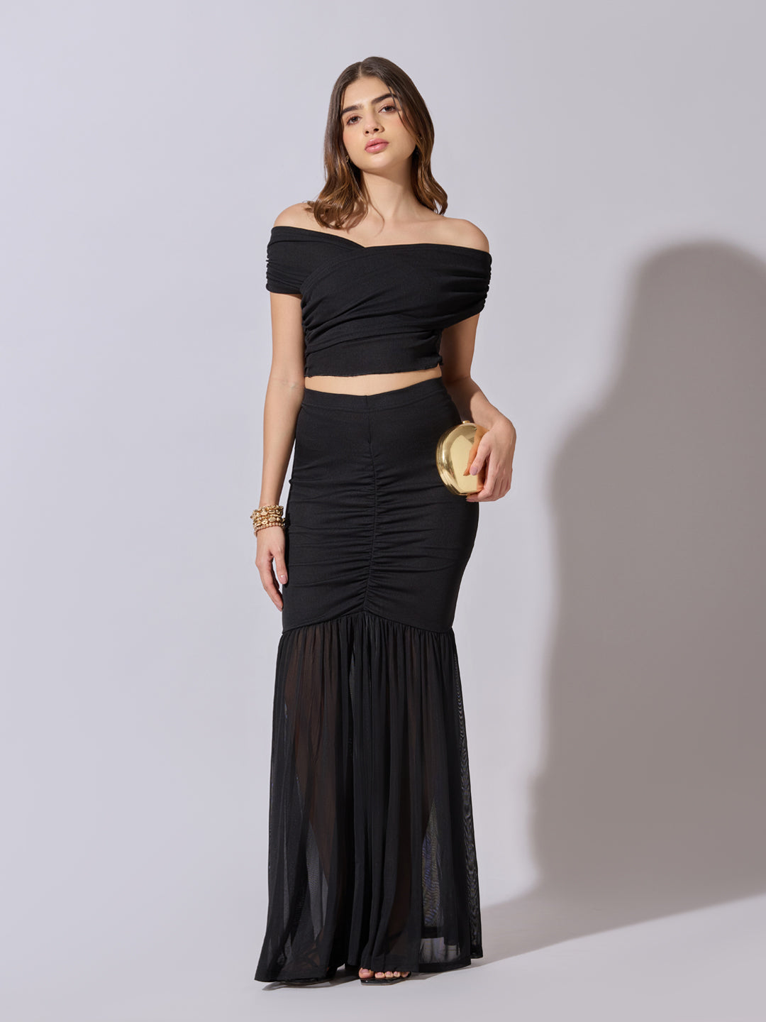 Women's Black Off-Shoulder Crop Top with Ruched Skirt Co-Ord Set