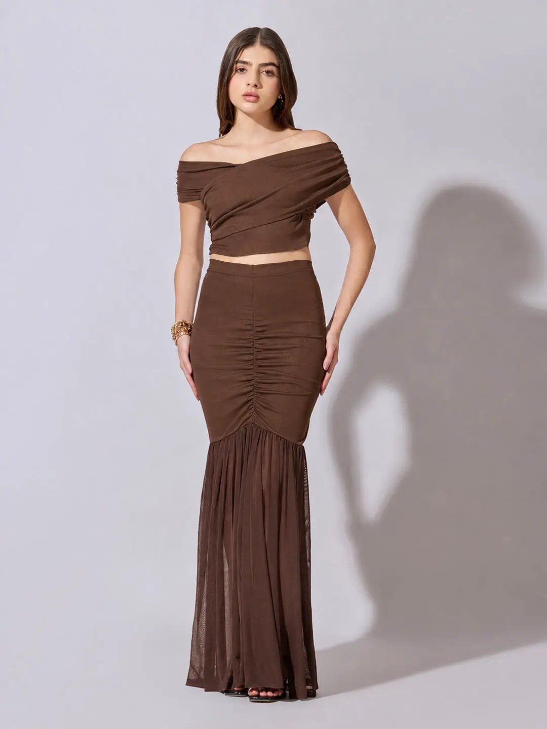 Women's Brown Off Shoulder Crop Top with Ruched Skirt Co Ord Set