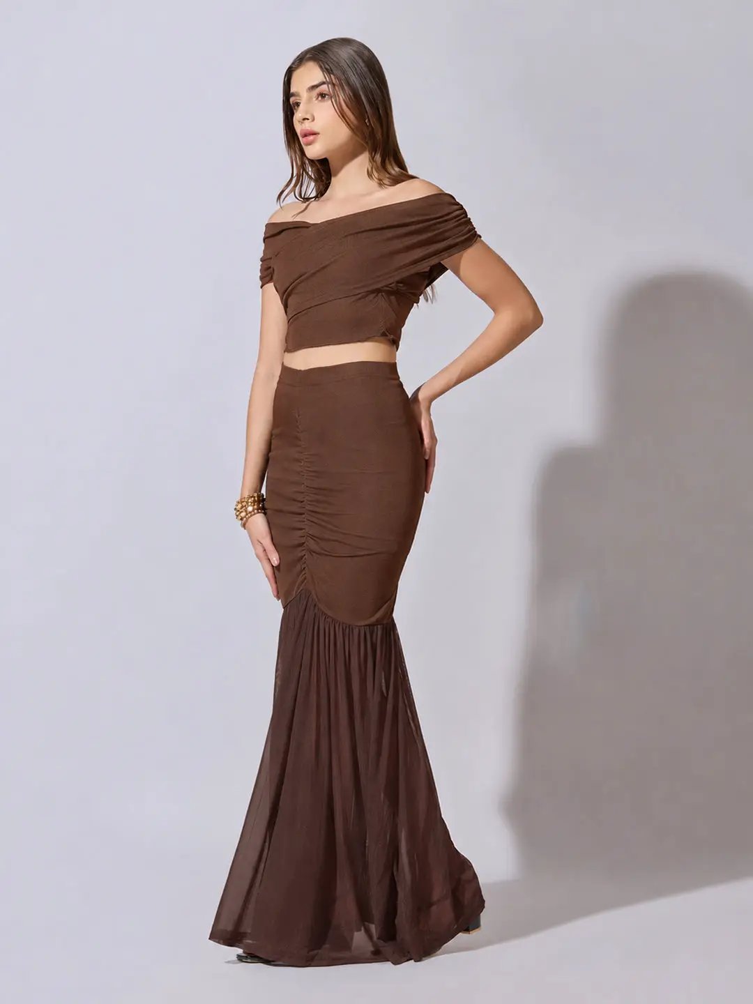 Women's Brown Off Shoulder Crop Top with Ruched Skirt Co Ord Set