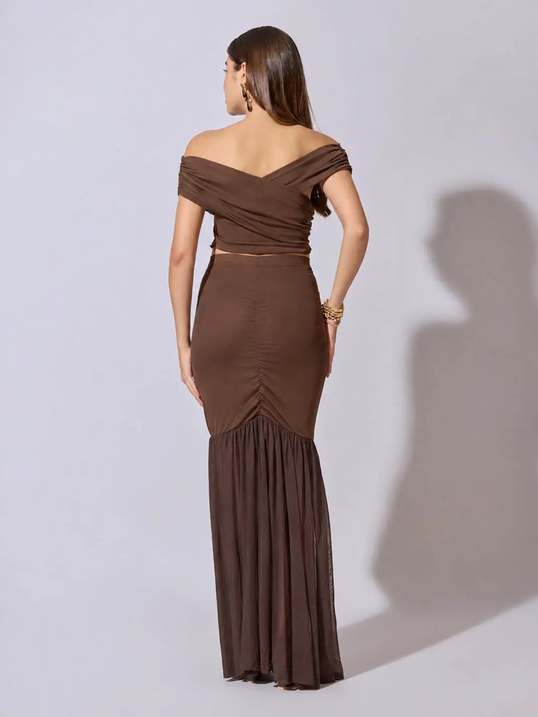 Women's Brown Off Shoulder Crop Top with Ruched Skirt Co Ord Set